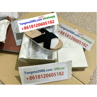 tangma2088 Official Brunello Cucinelli Cross Strap Slide Sandal Premium Italian Nappa Leather Gold Tone Stitching