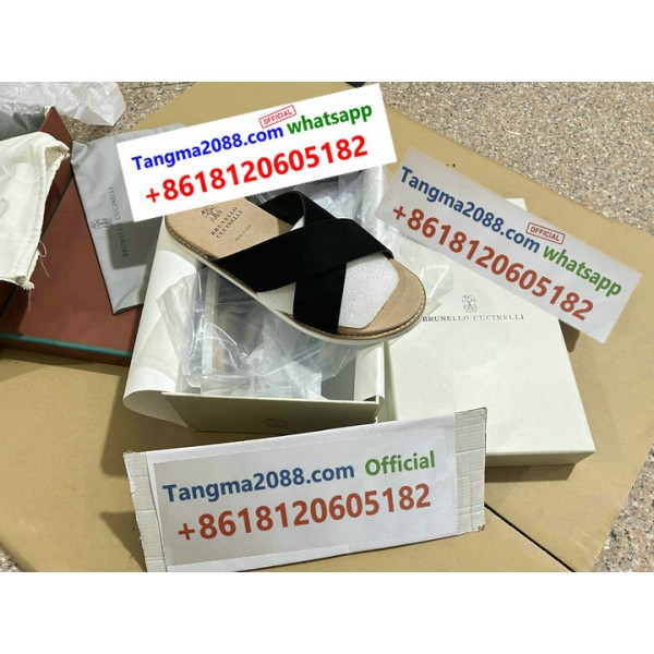 tangma2088 Official Brunello Cucinelli Cross Strap Slide Sandal Premium Italian Nappa Leather Gold Tone Stitching