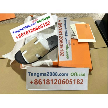 tangma2088 Official Hermès Oran Slides Calfskin Leather Polished Silver Tone Metal H Logo