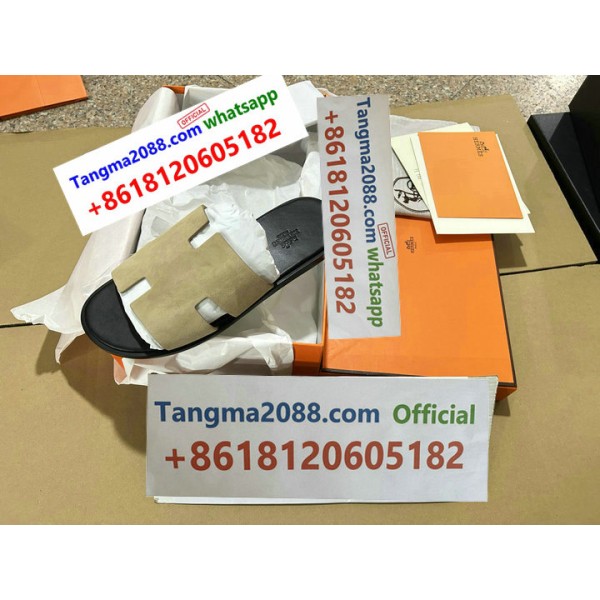 tangma2088 Official Hermès Oran Slides Calfskin Leather Polished Silver Tone Metal H Logo
