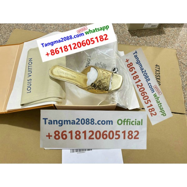 tangma2088 Official Louis Vuitton Monogram Slide Sandal Gold Tone Leather Polished Gold Plated Hardware